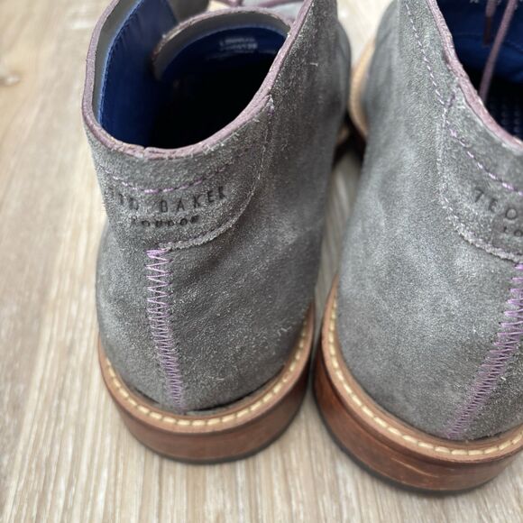 Ted Baker Chukka Desert Boots Mens Size 9 Linnus Grey Suede Purple Stitching - Picture 9 of 10